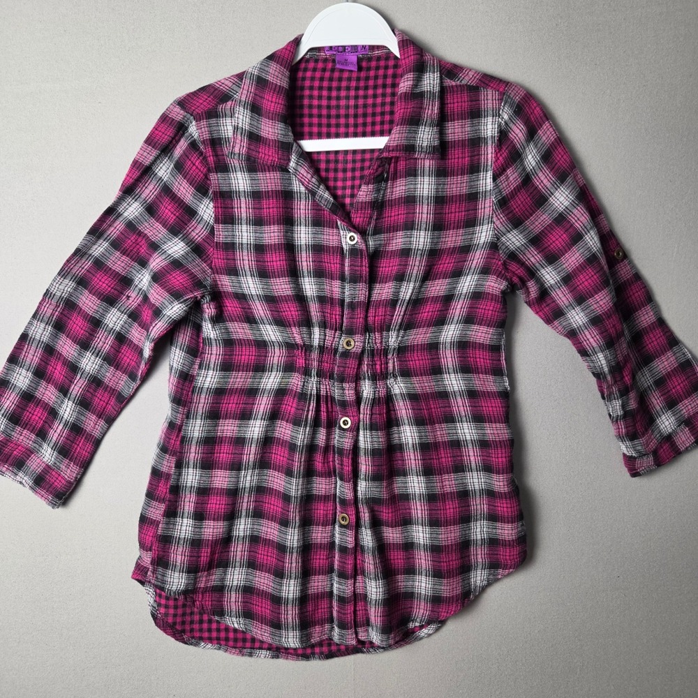 Rebellion Womens Pink Black Plaid Button Down Shirt Smocked Waist Cotton Size M